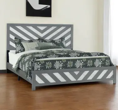 Gray And White Carved Geometric King Bed Frame