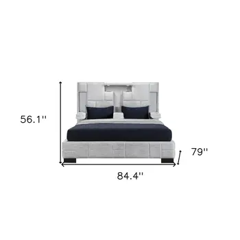 Gray Faux Crystal Bling Distressed Wood And Faux Leather Lighted King Bed Frame With Two Drawers
