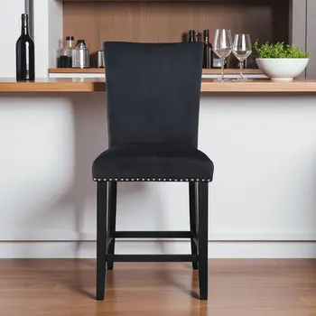 25" Black Wood and Velvet Counter Height Bar Chair