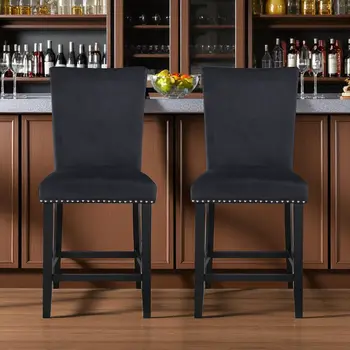 Set of Two 25" Black Wood and Velvet Counter Height Bar Chairs
