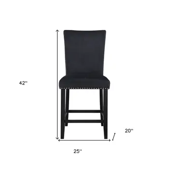 Set of Two 25" Black Wood and Velvet Counter Height Bar Chairs