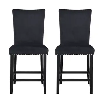 Set of Two 25" Black Wood and Velvet Counter Height Bar Chairs