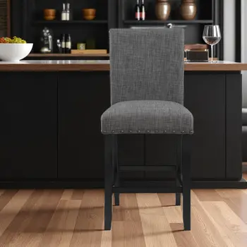 26" Gray and Black Wood and Fabric Counter Height Bar Chair