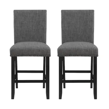 Set of Two 26" Gray and Black Wood and Fabric Counter Height Bar Chairs