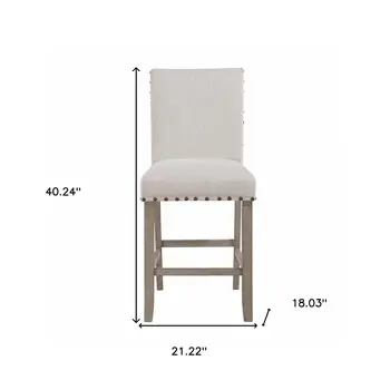 26" White and Natural Wood and Fabric Counter Height Bar Chair