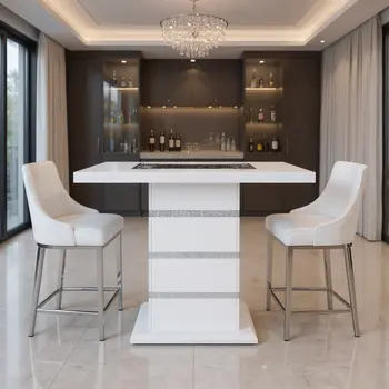47" White Silver And Black Glass Faux Crystal And Wood Square Bar Table