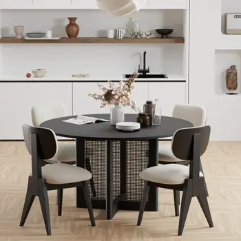 Set of Two Beige And Black Upholstered Fabric Open Back Dining Side Chairs