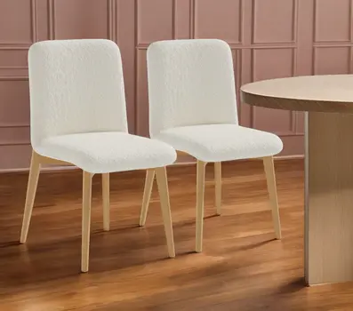 Set of Two Off White And Natural Boucle Upholstered Dining Side Chairs