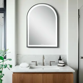 38" Black Metal Arch Lighted Bathroom Vanity Mirror