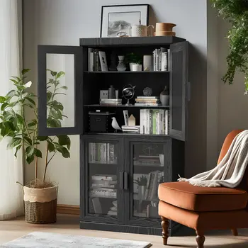 31" Black And Clear Glass Door Accent Cabinet With Three Shelves