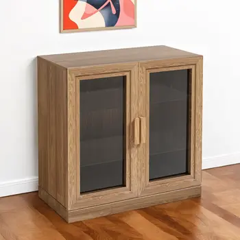 31" Natural And Clear Glass Door Accent Cabinet With Three Shelves
