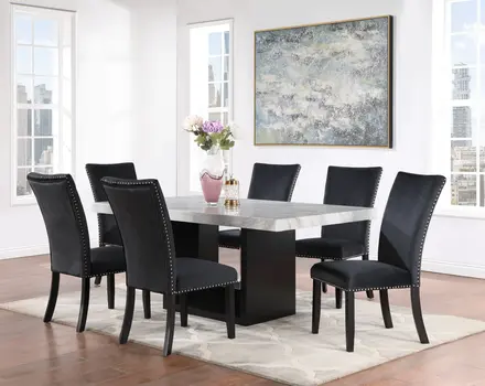 70" White and Black Faux Marble and Wood Pedestal Base Dining Table