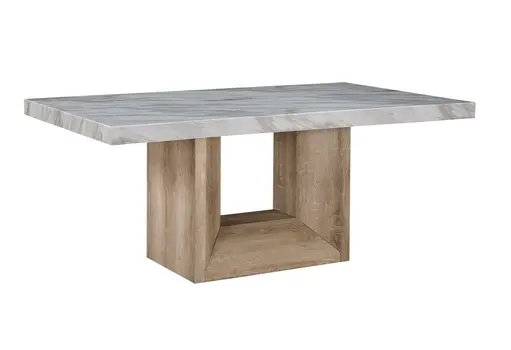70" White and Natural Faux Marble and Wood Pedestal Base Dining Table