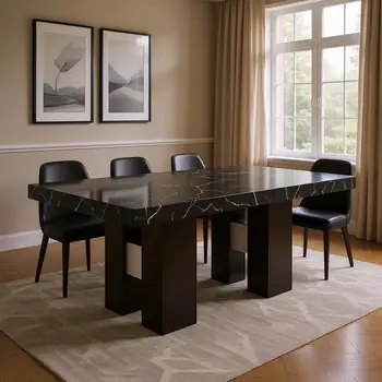 70" Black Faux Marble and Wood Double Pedestal Base Dining Table
