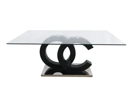 71" Clear and Silver Glass Wood and Stainless Steel Pedestal Base Dining Table