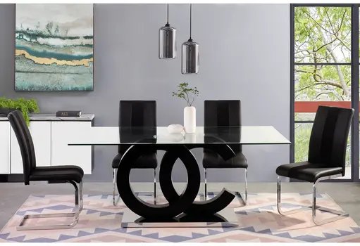 71" Clear and Silver Glass Wood and Stainless Steel Pedestal Base Dining Table