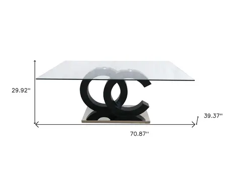 71" Clear and Silver Glass Wood and Stainless Steel Pedestal Base Dining Table