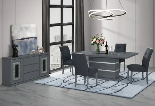 79" Dark Gray Faux Crystals Glass and Wood Pedestal Base Dining Table