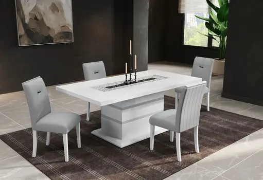 79" White Faux Crystals Glass and Wood Pedestal Base Dining Table