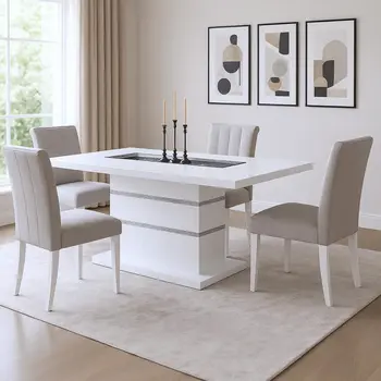 79" White Faux Crystals Glass and Wood Pedestal Base Dining Table