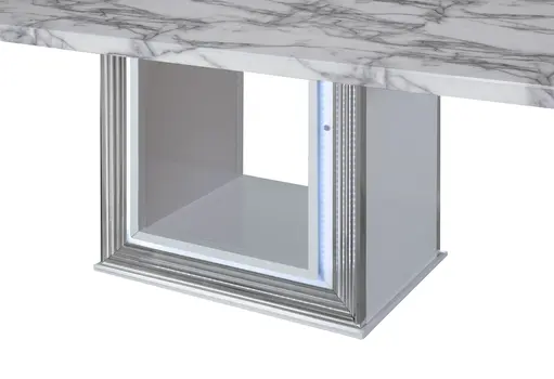 79" Light Gray and White Marble and Wood Pedestal Base Dining Table