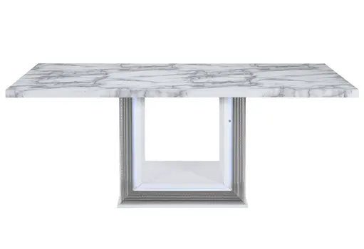 79" Light Gray and White Marble and Wood Pedestal Base Dining Table