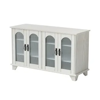 45" White Ribbed Textured Glass And Wood Enclosed Storage TV Stand