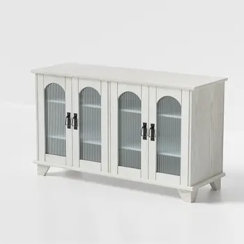 45" White Ribbed Textured Glass And Wood Enclosed Storage TV Stand
