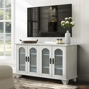 45" White Ribbed Textured Glass And Wood Enclosed Storage TV Stand