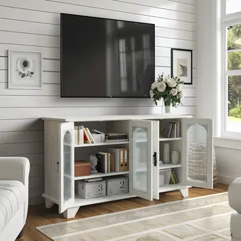 45" White Ribbed Textured Glass And Wood Enclosed Storage TV Stand