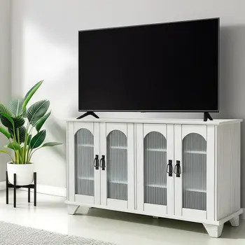 45" White Ribbed Textured Glass And Wood Enclosed Storage TV Stand