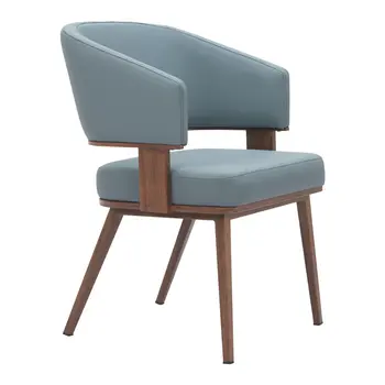 Set of Two Gray and Walnut Upholstered Faux Leather Open Back Dining Arm Chairs