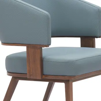 Set of Two Gray and Walnut Upholstered Faux Leather Open Back Dining Arm Chairs