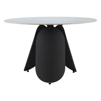 48" White and Black Faux Marble and Steel Pedestal Base Round Top Dining Table