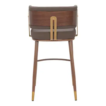 30" Brown Gold and Walnut Steel and Faux Leather Low Back Bar Height Bar Chair
