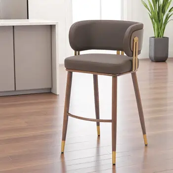 30" Brown Gold and Walnut Steel and Faux Leather Low Back Bar Height Bar Chair