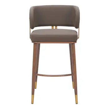 30" Brown Gold and Walnut Steel and Faux Leather Low Back Bar Height Bar Chair