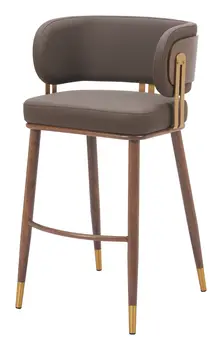 30" Brown Gold and Walnut Steel and Faux Leather Low Back Bar Height Bar Chair