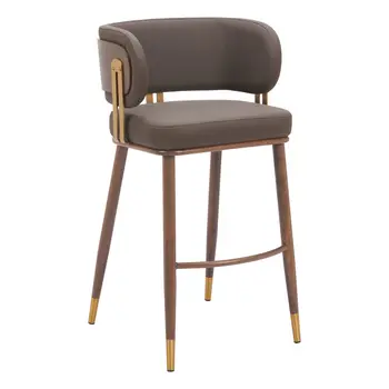 30" Brown Gold and Walnut Steel and Faux Leather Low Back Bar Height Bar Chair