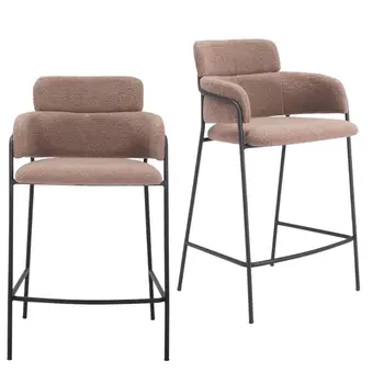 Set of Two 26" Brown and Black Faux Shearling and Steel Counter Height Bar Chairs