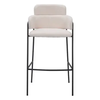 Set of Two 30" Cream and Black Faux Shearling and Steel Bar Height Bar Chairs