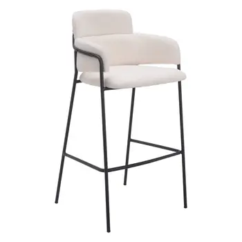 Set of Two 30" Cream and Black Faux Shearling and Steel Bar Height Bar Chairs
