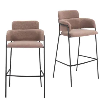 Set of Two 30" Brown and Black Faux Shearling and Steel Bar Height Bar Chairs