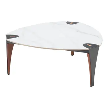 36" White and Black Sintered Stone Faux Leather And Steel Triangle Coffee Table