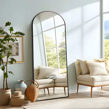 63" Black Arch Wood Framed Standing Mirror