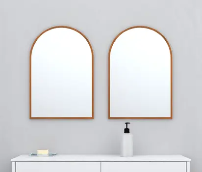 Set of Two Walnut Arch Wood Framed Bathroom Vanity Mirror