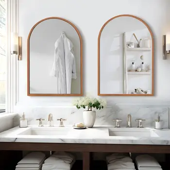 Set of Two Walnut Arch Wood Framed Bathroom Vanity Mirror