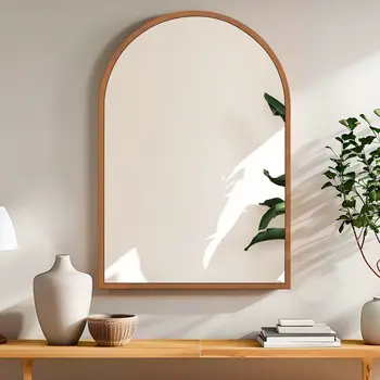 Set of Two Walnut Arch Wood Framed Bathroom Vanity Mirror