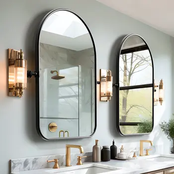 Set of Two Black Iron Arch Tilting Framed Bathroom Vanity Mirrors
