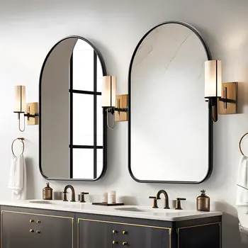 Set of Two Black Arch Iron Framed Bathroom Vanity Mirror